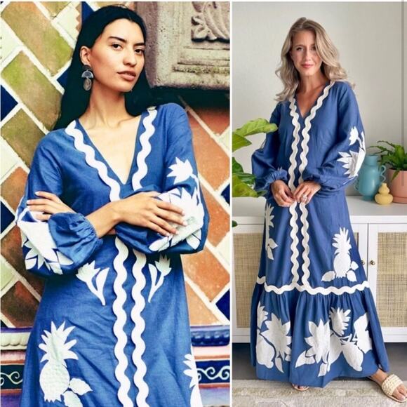 Farm Rio Embroidered Long Sleeve Linen Blue White Applique Maxi Dress - Picture 2 of 12